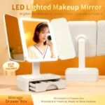 LED Lighted Makeup Mirror with Storage Drawer, 180° Rotatable & Height Adjustable, High-Definition Large Mirror Surface - Image 2