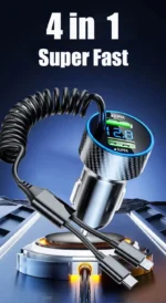 USB Car Phone Charger Adapter with Retractable Cable LED Voltage Monitor 4 in 1 Super Fast Charge for iPhone Samsung Huawei - Image 7