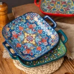 1 piece of 9-inch Bohemian style salad plate with double ear ceramic pasta dish, can be used for oven, microwave - Image 5