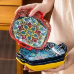 1 piece of 9-inch Bohemian style salad plate with double ear ceramic pasta dish, can be used for oven, microwave - Image 6