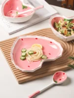 3pcs Strawberry Bowl Spoon Plate set beautiful girl heart bowl salad bowl dessert household tableware - Image 3