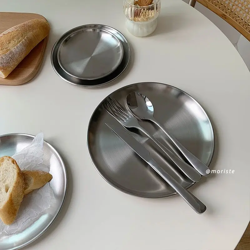 kf-S8d6746d0a7174275baafe9b78f5fe107p 201 Stainless Steel Plate,Korean Barbecue Plate Snack Bone Bread Plate,Round Metal Cup Fruit Dessert Tray ,Kitchen Organizer - Image 1