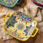 1 piece of 9-inch Bohemian style salad plate with double ear ceramic pasta dish, can be used for oven, microwave - Image 8