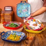 1 piece of 9-inch Bohemian style salad plate with double ear ceramic pasta dish, can be used for oven, microwave