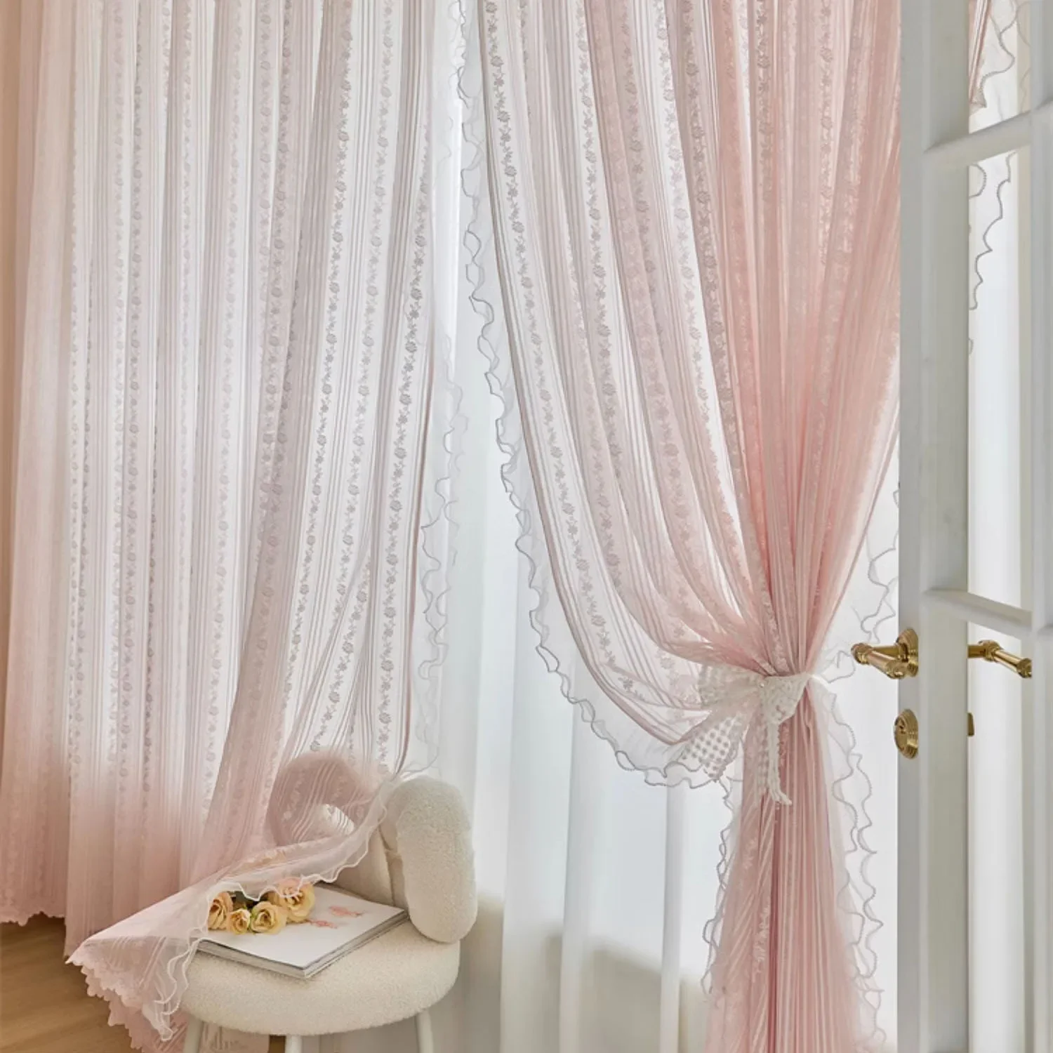 kf-S50dc88efae7942198181861ea78d1fbcs Pink Vertical Striped Rose Flower Lace With White Pearl Ruffled Tulle Curtains For Living Room Romantic Princess Bedroom Drapes - Image 1