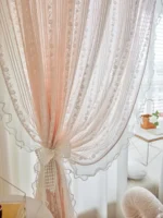 Pink Vertical Striped Rose Flower Lace With White Pearl Ruffled Tulle Curtains For Living Room Romantic Princess Bedroom Drapes - Image 13