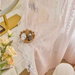 Pink Vertical Striped Rose Flower Lace With White Pearl Ruffled Tulle Curtains For Living Room Romantic Princess Bedroom Drapes - Image 2