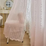 Pink Vertical Striped Rose Flower Lace With White Pearl Ruffled Tulle Curtains For Living Room Romantic Princess Bedroom Drapes - Image 3