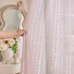 Pink Vertical Striped Rose Flower Lace With White Pearl Ruffled Tulle Curtains For Living Room Romantic Princess Bedroom Drapes - Image 4